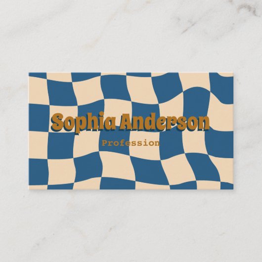 Retro Wavy Checkerboard Funky Blue Beige 名刺 (正面)