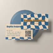 Retro Wavy Checkerboard Funky Blue Beige 名刺