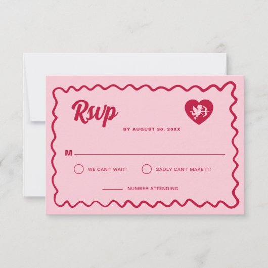 Retro Wavy Frame Red Pink Cupid Heart Wedding 出欠カード (正面)