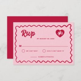 Retro Wavy Frame Red Pink Cupid Heart Wedding 出欠カード