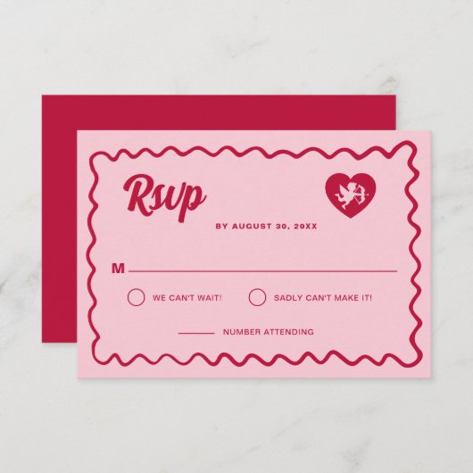 Retro Wavy Frame Red Pink Cupid Heart Wedding 出欠カード (正面/裏面)