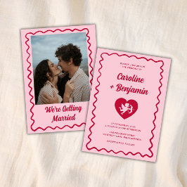 Retro Wavy Frame Red Pink Cupid Heart Wedding 招待状