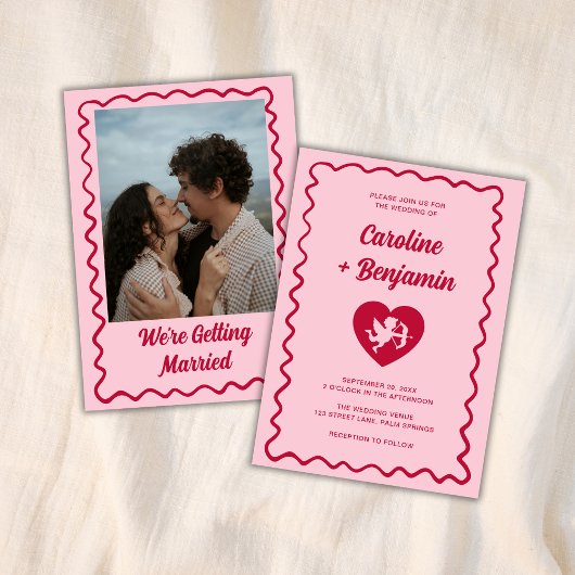 Retro Wavy Frame Red Pink Cupid Heart Wedding 招待状