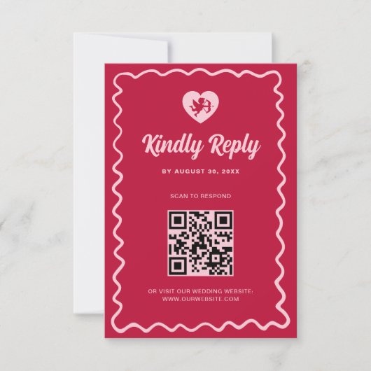 Retro Wavy Frame Red Pink Cupid Wedding QR Code 出欠カード (正面)