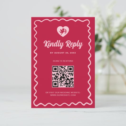 Retro Wavy Frame Red Pink Cupid Wedding QR Code 出欠カード (スタンド正面)