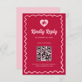 Retro Wavy Frame Red Pink Cupid Wedding QR Code 出欠カード