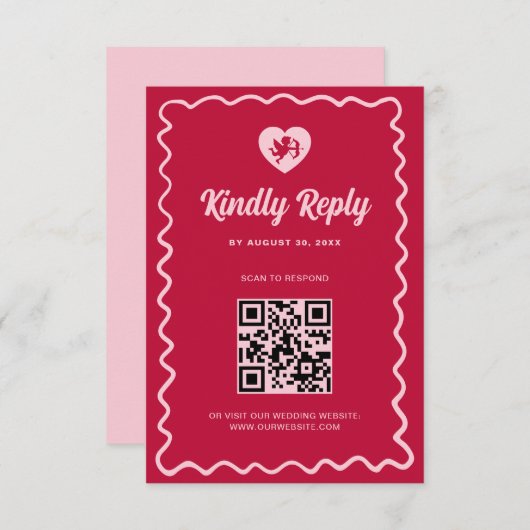 Retro Wavy Frame Red Pink Cupid Wedding QR Code 出欠カード (正面/裏面)