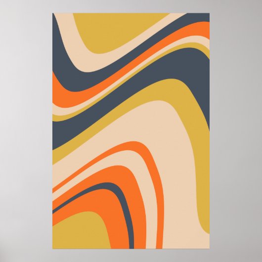 Retro Wavy Lines - Orange, Navy, Yellow, Beige ポスター (正面)