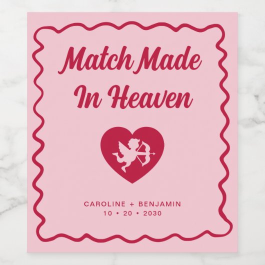 Retro Wavy Match Made In Heaven Cupid Wedding ワインラベル (シングルラベル)