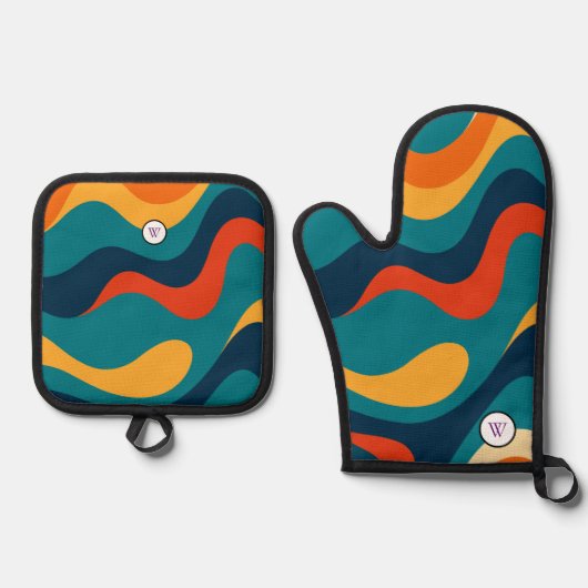 Retro Wavy Pattern Modern Abstract  鍋つかみ&鍋敷きセット (正面)