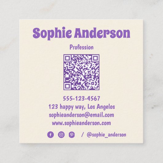 Retro Wavy Purple Checkerboard with QR Code   スクエア名刺 (裏面)