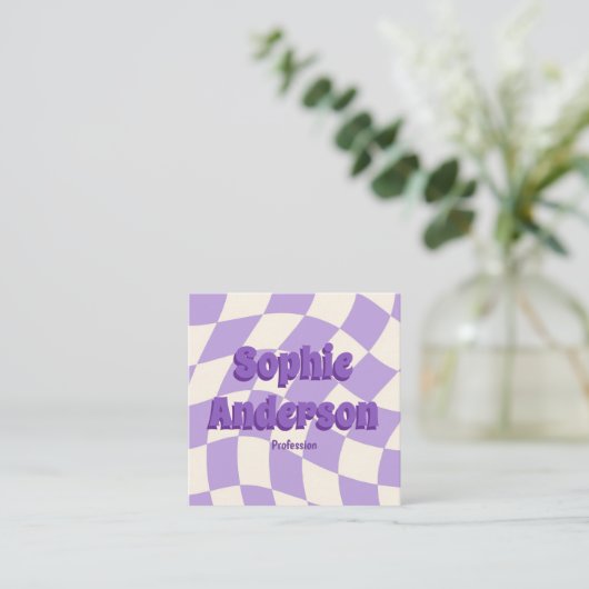 Retro Wavy Purple Checkerboard with QR Code   スクエア名刺 (スタンド正面)