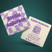 Retro Wavy Purple Checkerboard with QR Code   スクエア名刺