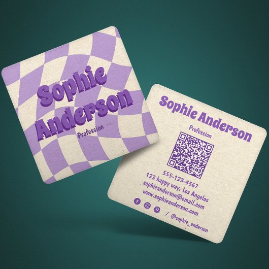 Retro Wavy Purple Checkerboard with QR Code   スクエア名刺