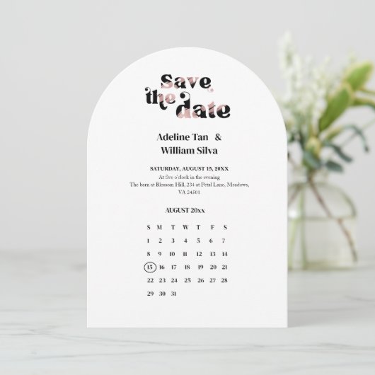 Retro Wedding Save the Date Calendar | 70s themed 招待状 (スタンド正面)