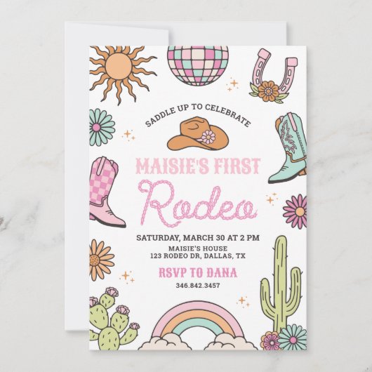 Retro Western Girl First Rodeo Birthday 招待状 (正面)