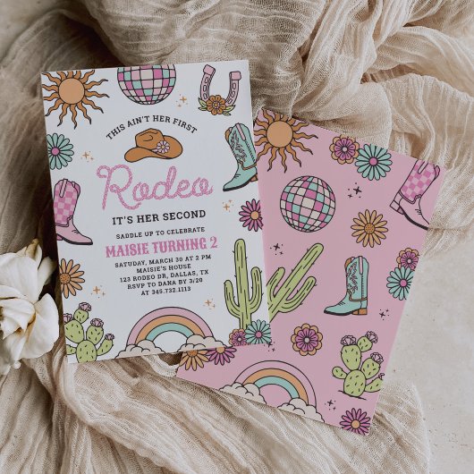 Retro Western Girl Second Rodeo Birthday 招待状