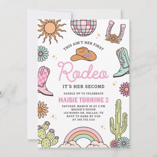 Retro Western Girl Second Rodeo Birthday 招待状 (正面)