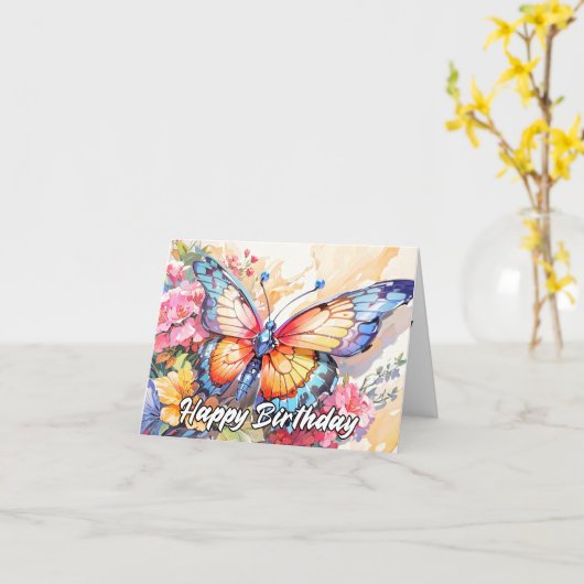 Retro Whimsical Butterfly Happy Birthday カード (黄色い花)