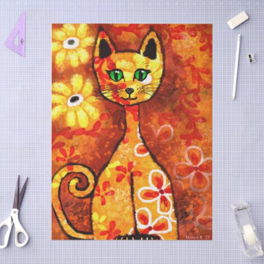 Retro Whimsical Cat Kitty Floral Orange Decoupage 薄葉紙 (クラフト)