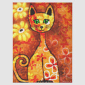 Retro Whimsical Cat Kitty Floral Orange Decoupage 薄葉紙 (正面)