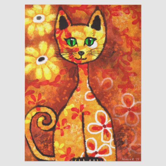 Retro Whimsical Cat Kitty Floral Orange Decoupage 薄葉紙 (正面)