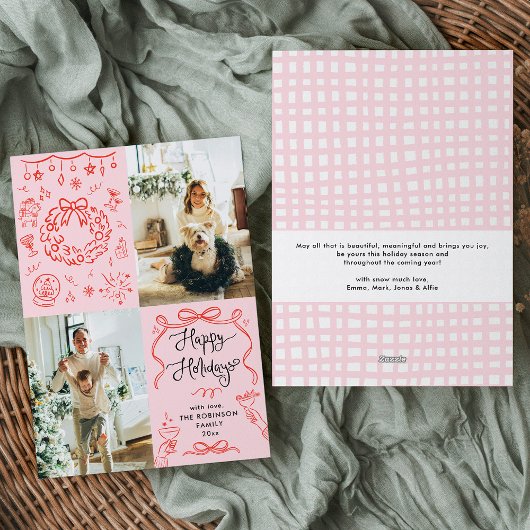 Retro Whimsical Hand Drawn Happy Holidays 2 Photo シーズンカード