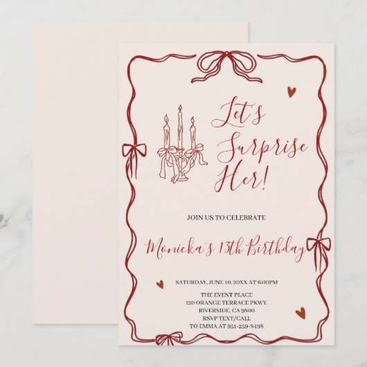 Retro Whimsical Red And Pink Birthday Party  招待状 (正面/裏面)