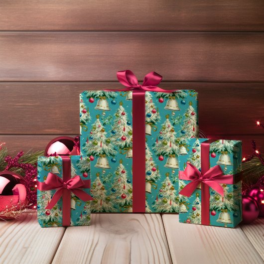 Retro White Christmas Trees Blue ラッピングペーパー