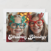 Retro White Script Christmas Blessings One Photo シーズンカード (正面)