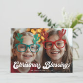 Retro White Script Christmas Blessings One Photo シーズンカード (スタンド正面)