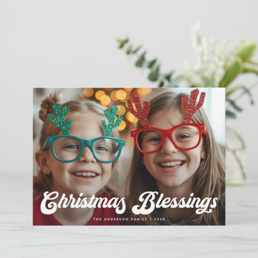 Retro White Script Christmas Blessings One Photo シーズンカード (スタンド正面)