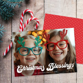 Retro White Script Christmas Blessings One Photo シーズンカード