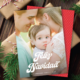 Retro White Script Feliz Navidad One Photo シーズンカード