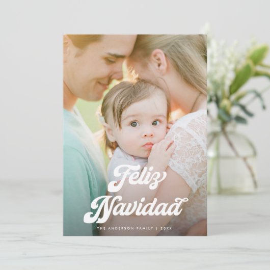 Retro White Script Feliz Navidad One Photo シーズンカード (スタンド正面)