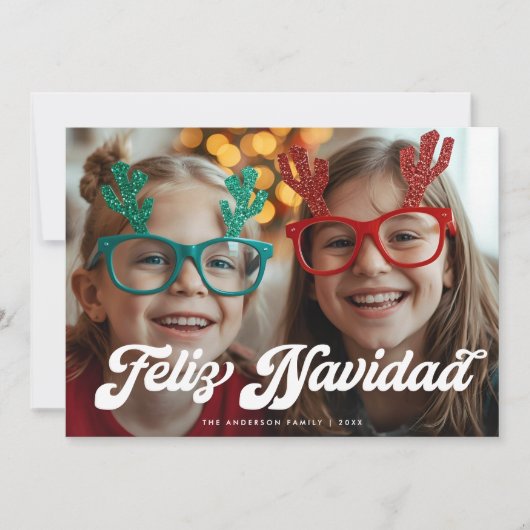 Retro White Script Feliz Navidad One Photo シーズンカード (正面)