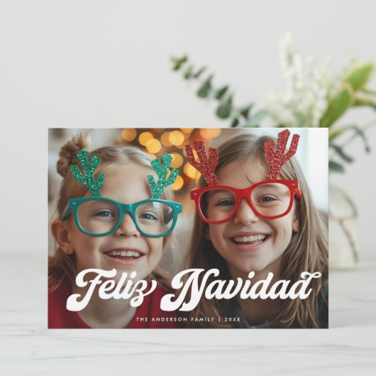 Retro White Script Feliz Navidad One Photo シーズンカード (スタンド正面)