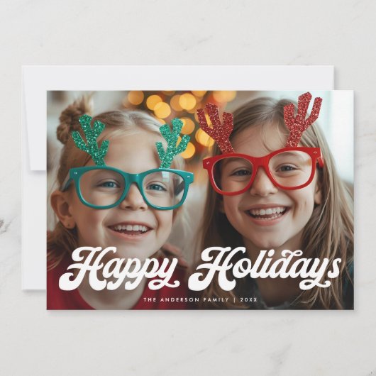 Retro White Script Happy Holidays One Photo シーズンカード (正面)