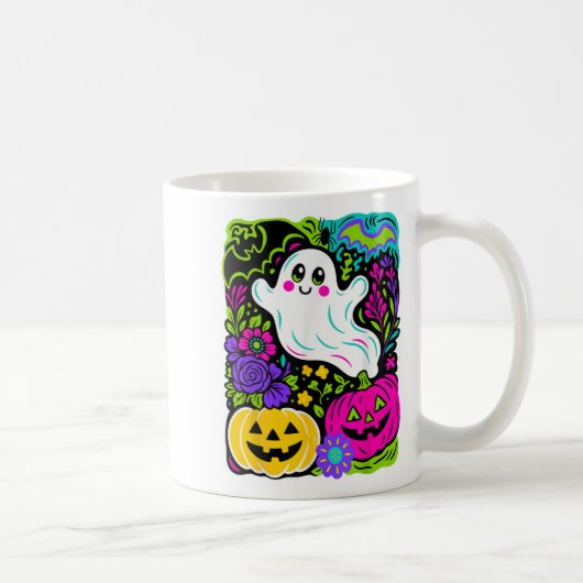 Retro Wildflower Boho Ghost Floral Halloween Cute  コーヒーマグカップ (右)