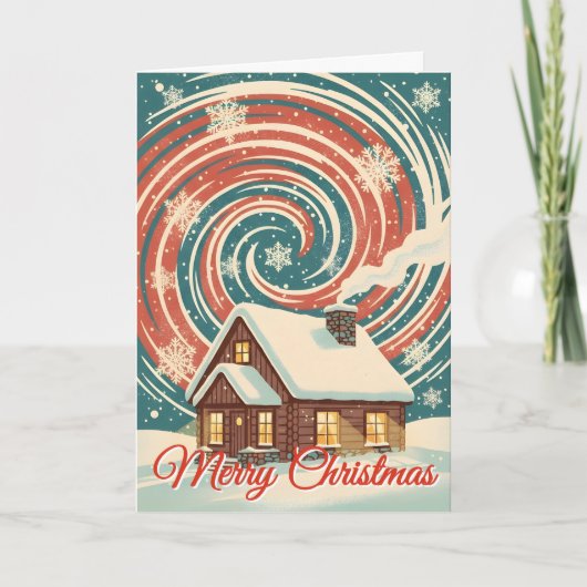 Retro Winter Cabin Blizzard Christmas シーズンカード (正面)