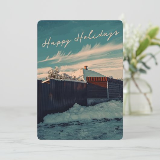 Retro Winter Snow Landscape Teal Sky Holiday シーズンカード (スタンド正面)
