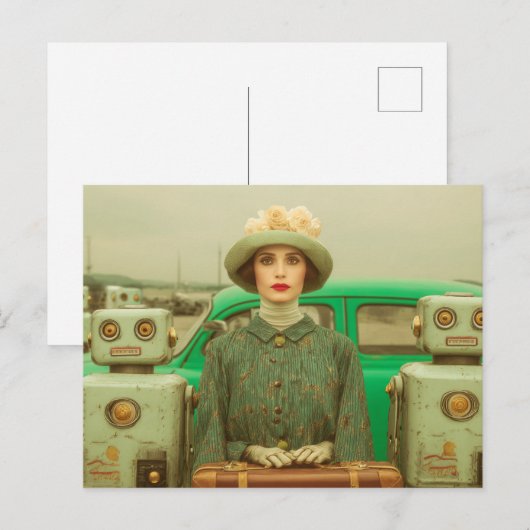 Retro Woman and Two Robots ポストカード (正面/裏面)