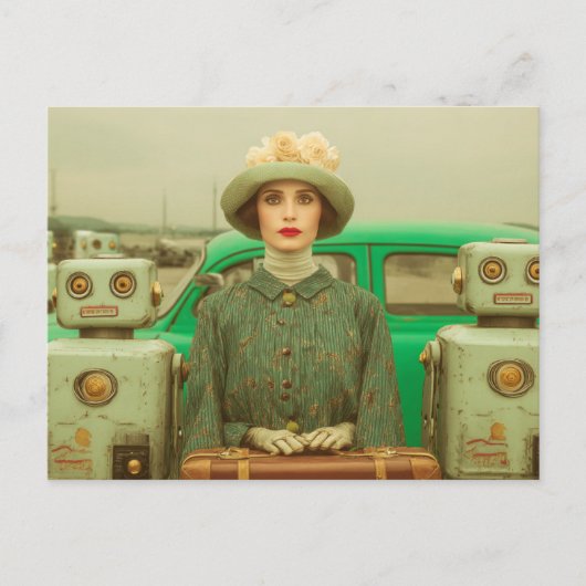 Retro Woman and Two Robots ポストカード (正面)