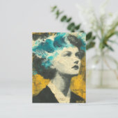 Retro Woman Brain Waves mixed media Collage ポストカード (スタンド正面)