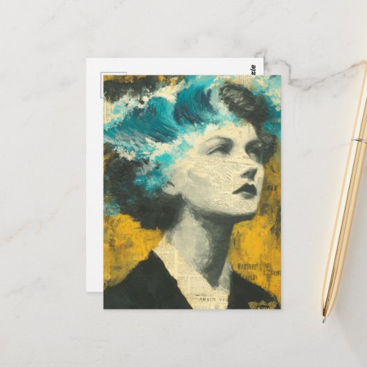 Retro Woman Brain Waves mixed media Collage ポストカード (正面/裏面インサイチュ)