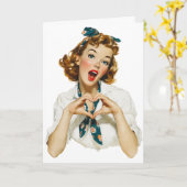 Retro Woman Making Heart Gesture カード (黄色い花)