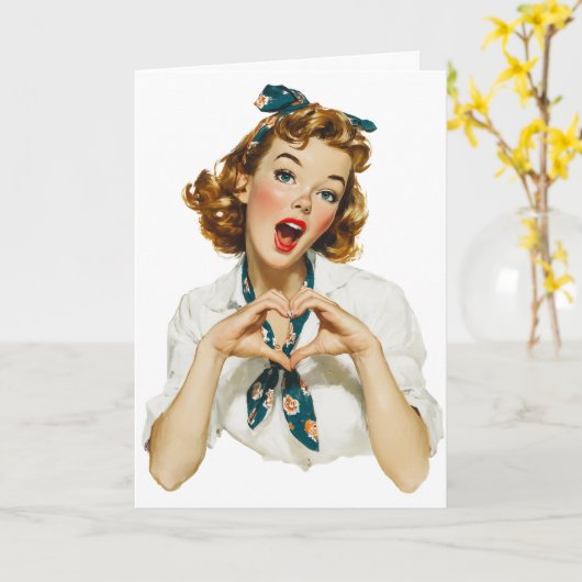 Retro Woman Making Heart Gesture カード (黄色い花)