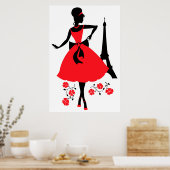 Retro woman red black silhouette with Eiffel Tower ポスター (キッチン)