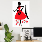 Retro woman red black silhouette with Eiffel Tower ポスター (ホームオフィス)