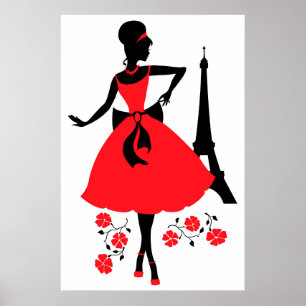 Retro woman red black silhouette with Eiffel Tower ポスター